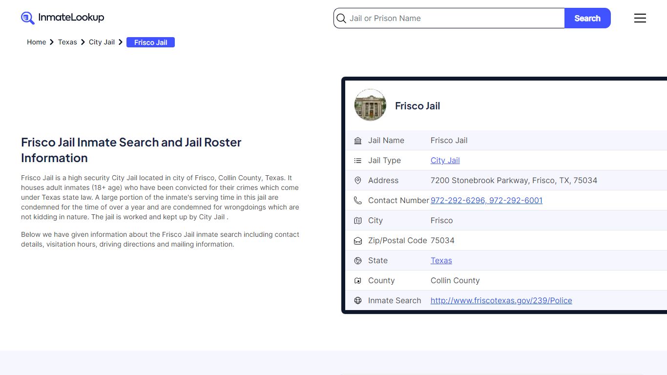 Frisco Jail Inmate Search and Jail Roster Information